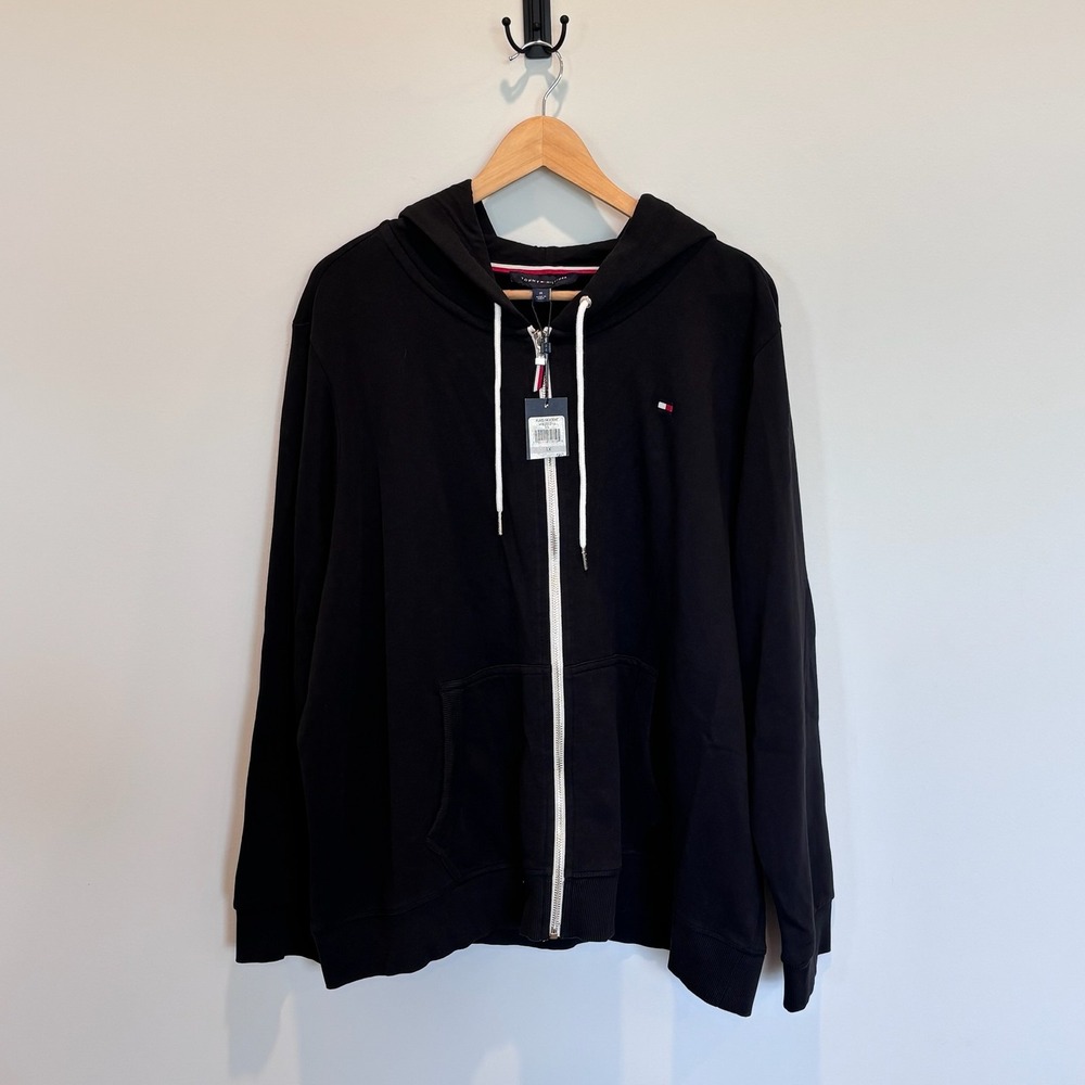 Tommy Hilfiger Hoodie Mens 1X Black Full Zip Flag Logo Drawstring Pocket Classic